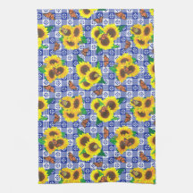 Sonnenblumen-Monarch-Schmetterlinge Blau Gingham-M