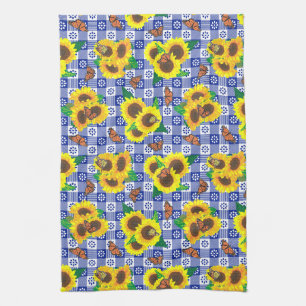 Sonnenblumen-Monarch-Schmetterlinge Blau Gingham-M Geschirrtuch