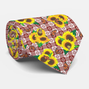 Sonnenblumen-Monarch-Schmetterlinge Rot Gingham-Mu Krawatte