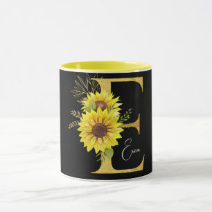 Sonnenblumen-Monogramm Buchstabe E Floraler Buchst Tasse