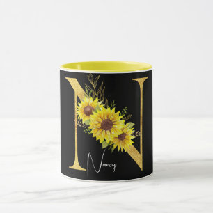 Sonnenblumen-Monogramm Buchstabe N Floraler Buchst Tasse