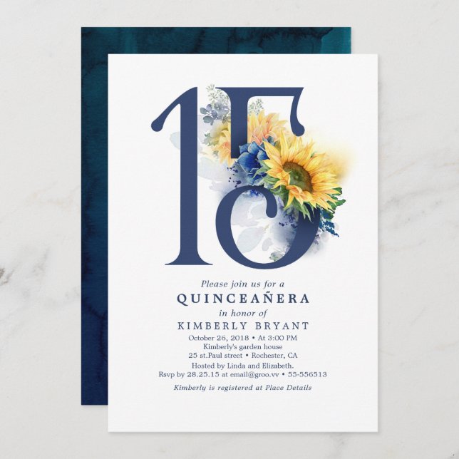 Sonnenblumen Navy Blauer Flora Elegant Quinceanera Einladung (Vorne/Hinten)