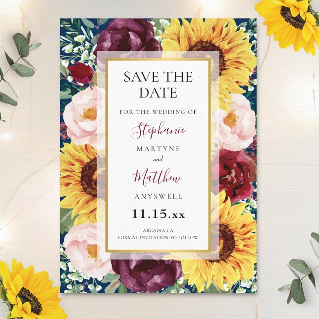 Sonnenblumen Navy Blue Burgundy Gold Wedding Save The Date (Von Creator hochgeladen)