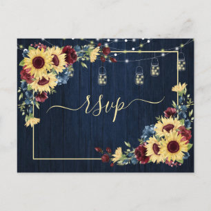 Sonnenblumen Navy Blue Burgundy Wood Floral +Menü Einladungspostkarte