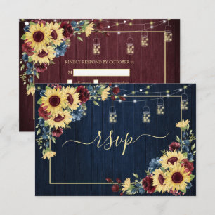 Sonnenblumen Navy Blue Burgundy Wood Floral +Menü RSVP Karte