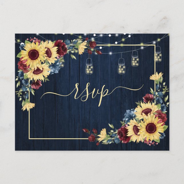 Sonnenblumen Navy Blue Burgundy Wood Floral UAWG Einladungspostkarte