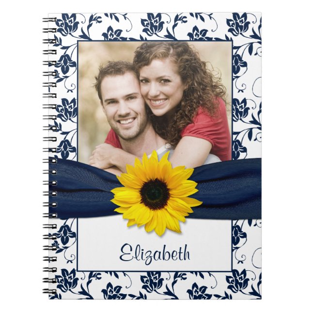 Sonnenblumen Navy Blue Damask Personalisiertes Not Notizblock (Vorderseite)