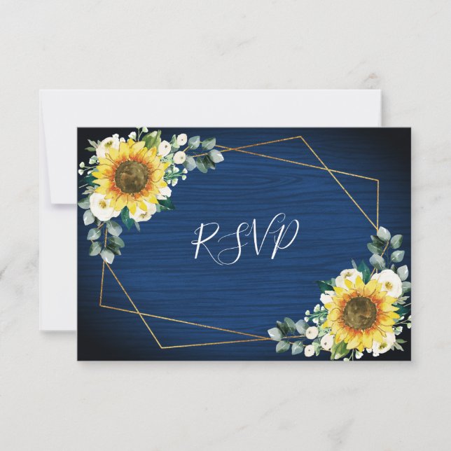 Sonnenblumen Navy Blue Floral Geometric Wedding RSVP Karte (Vorderseite)