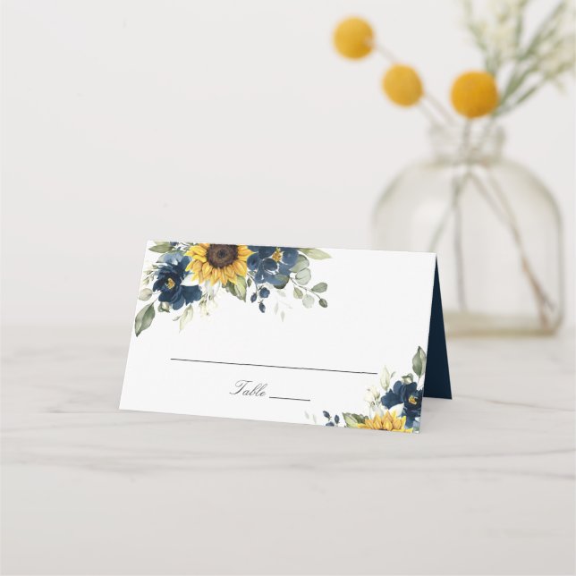 Sonnenblumen Navy Blue Floral Hochzeit Platzkarte (Vorderseite)