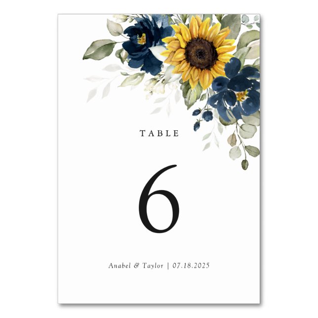 Sonnenblumen Navy Blue Floral Hochzeit Tischnummer (Vorderseite)