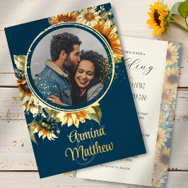 Sonnenblumen Navy Blue Foto Hochzeit Gold Folieneinladung