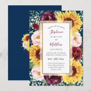 Sonnenblumen Navy Blue Gold Burgundy Blumenhochzei Einladung