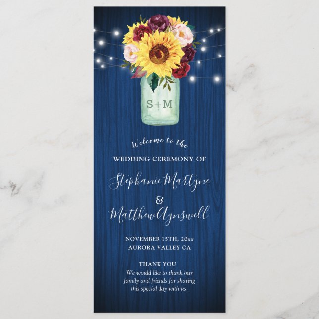 Sonnenblumen Navy Blue Mason Jar Floral Hochzeit Programm (Vorderseite)