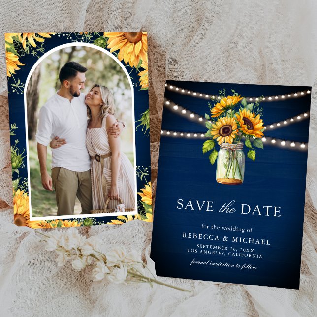 Sonnenblumen Navy Blue Mason Jar Foto Hochzeit Save The Date (Von Creator hochgeladen)