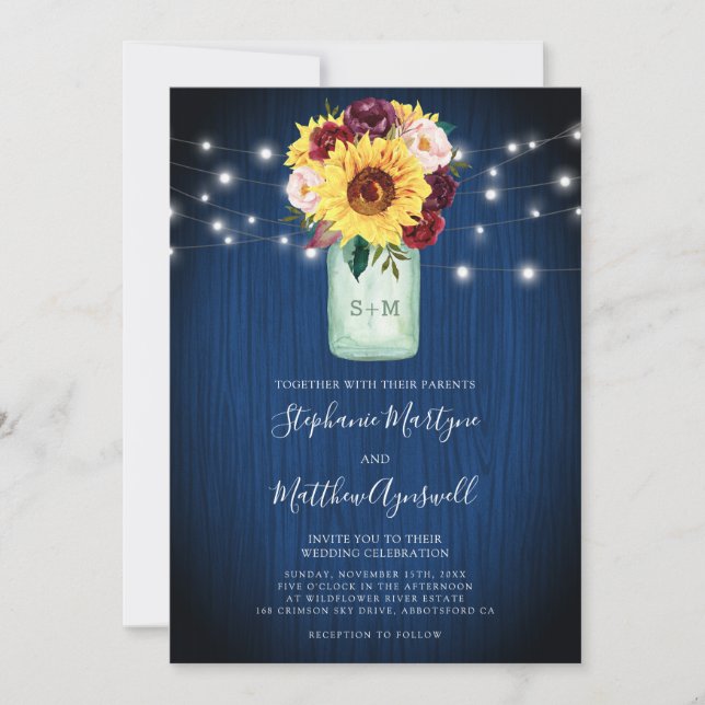 Sonnenblumen Navy Blue Mason Jar Lights Hochzeit Einladung (Vorderseite)