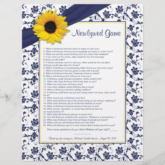Sonnenblumen Navy Blue Newlywed Brautparty Game (Vorderseite)