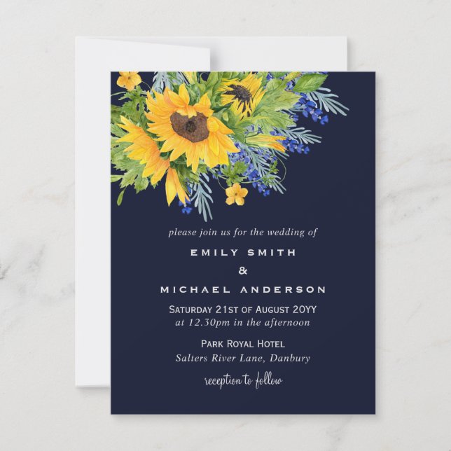 Sonnenblumen Navy Blue Yellow Wedding Einladungen (Vorderseite)