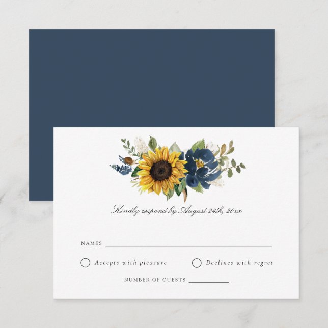Sonnenblumen Navy Blumen Rustikale Hochzeit RSVP Einladung (Vorne/Hinten)