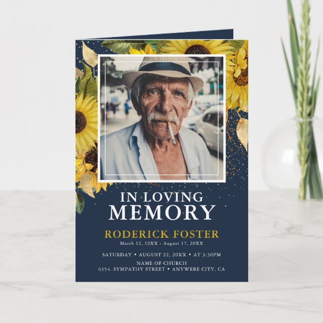 Sonnenblumen Navy & Gold Elegantes Beerdigungsprog Programm (Vorderseite)