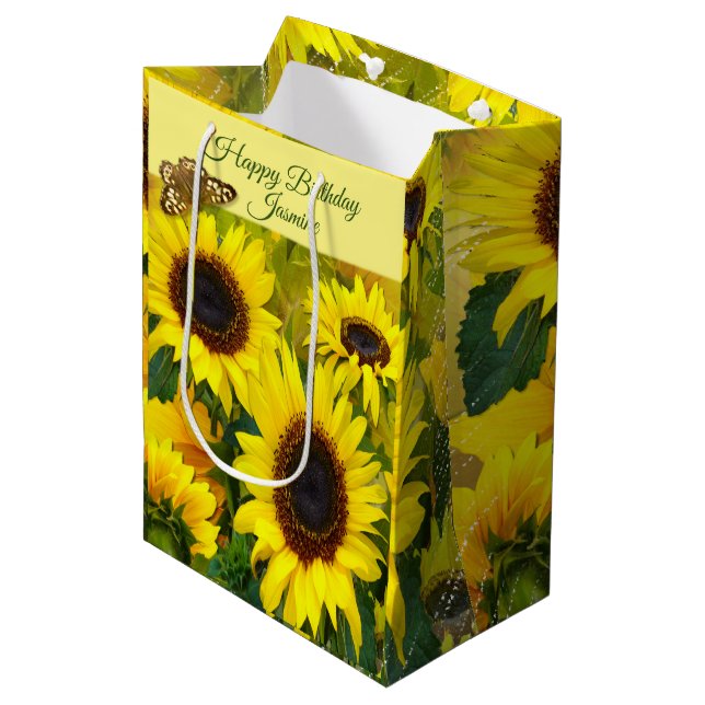 Sonnenblumen Persönlich Mittlere Geschenktüte (Vorderseite Schrägansicht)