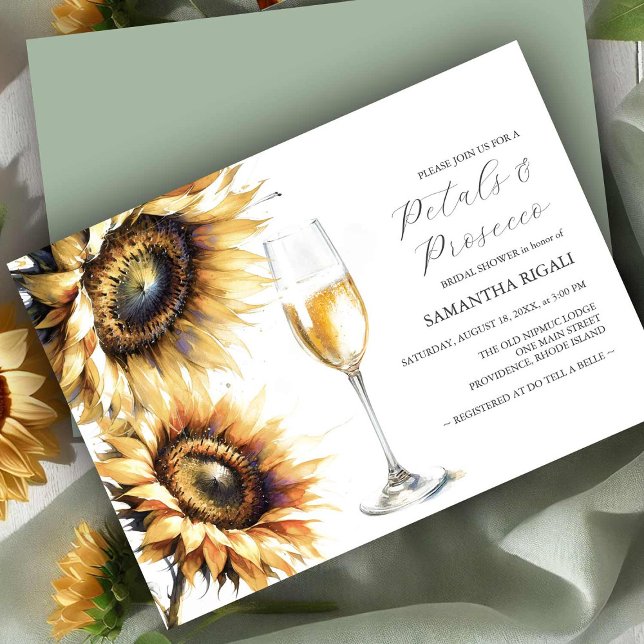 Sonnenblumen Petals & Prosecco Brautparty Einladun (Bridal shower invitations watercolor sunflowers and Prosecco by Victoria Grigaliunas DoTellABelle)