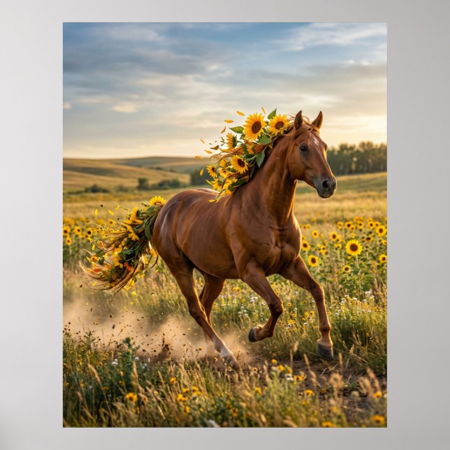 Sonnenblumen Pferd Prairie Run Poster (Vorne)
