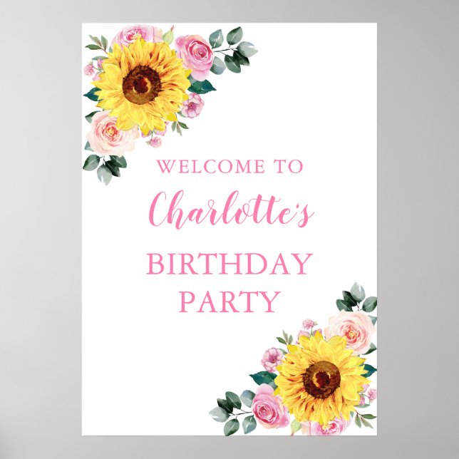 Sonnenblumen Pink Aquarell Blumengeburt Party Poster (Vorne)
