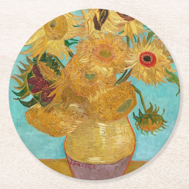 Sonnenblumen, postimpressionistisches Stillleben-G Runder Pappuntersetzer (Vorderseite)