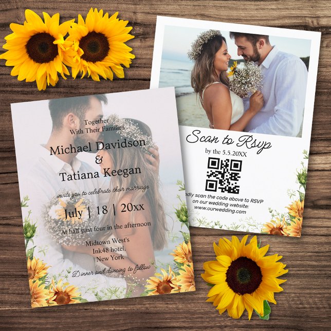 Sonnenblumen qr Code 2 Fotos Hochzeitseinladung (Von Creator hochgeladen)