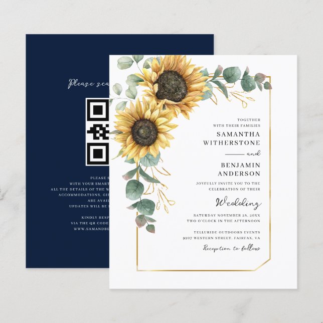 Sonnenblumen-QR-Code-Hochzeits-Einladungskarte (Vorne/Hinten)