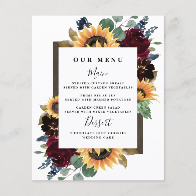 Sonnenblumen-Rose Burgundy Navy Blue Wedding Menu (Vorderseite)