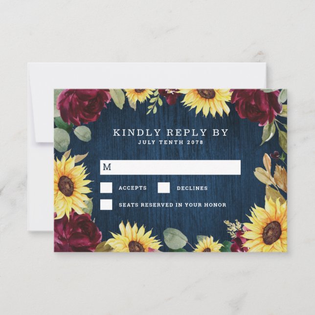 Sonnenblumen Rose Burgundy Red und Navy Blue Weddi RSVP Karte (Vorderseite)