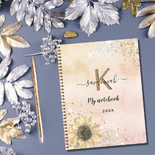 Sonnenblumen Rose Gold Glitzer Monogramm Name Notizbuch