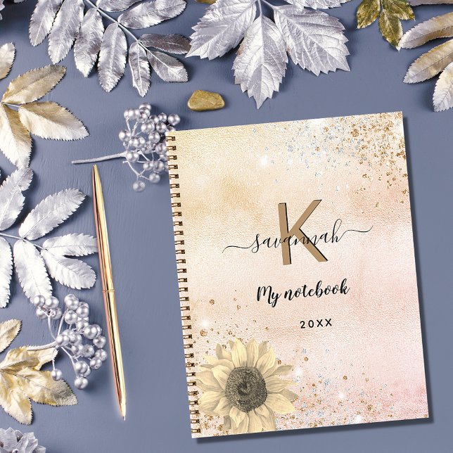 Sonnenblumen Rose Gold Glitzer Monogramm Name Notizbuch (Von Creator hochgeladen)