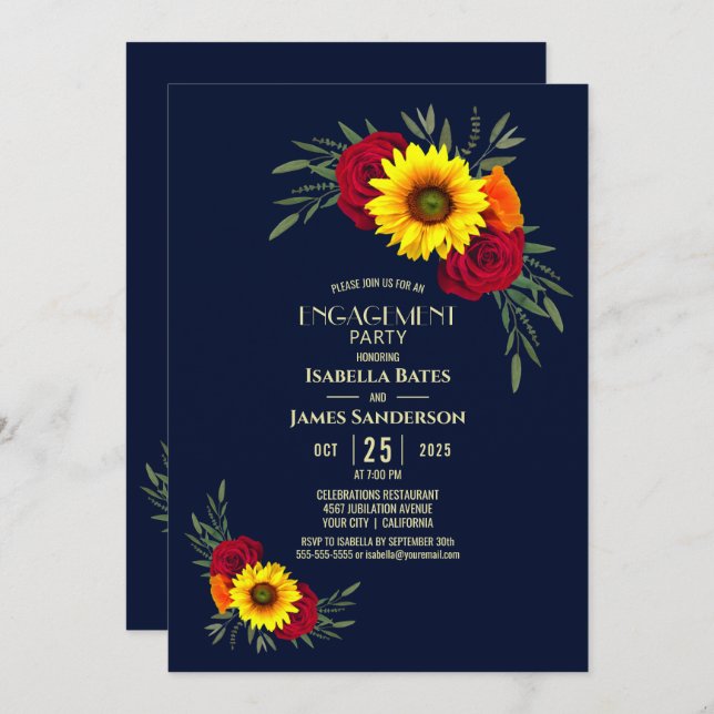 Sonnenblumen-Rose Navy Blue Engagement Party Einladung (Vorne/Hinten)