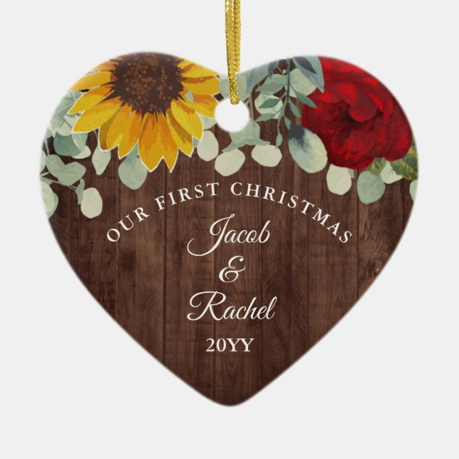 Sonnenblumen Rose Rustikal Unser erstes Weihnachts Keramik Ornament (Vorne)