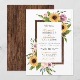 Sonnenblumen, Rose und rustikales Holz Hochzeit Einladung