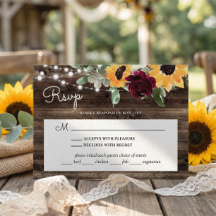 Sonnenblumen Rosen Holz Hochzeit mit Essenswahl RS RSVP Karte