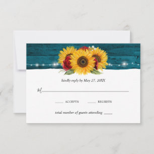 Sonnenblumen Rote Rose Rustikales Holz Aquamarine  RSVP Karte