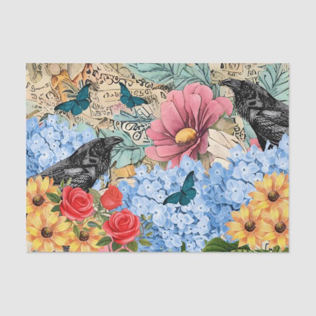 Sonnenblumen Rote Rosen Blue Hydrangea & Ravens Seidenpapier (Vorderseite)