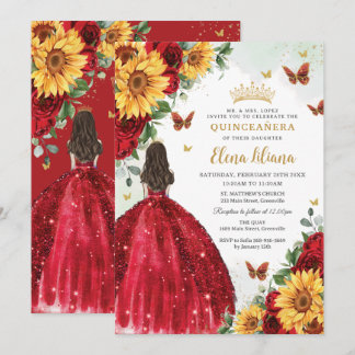 Sonnenblumen Rotes Blumenkleid Quinceañera Süß 16 Einladung