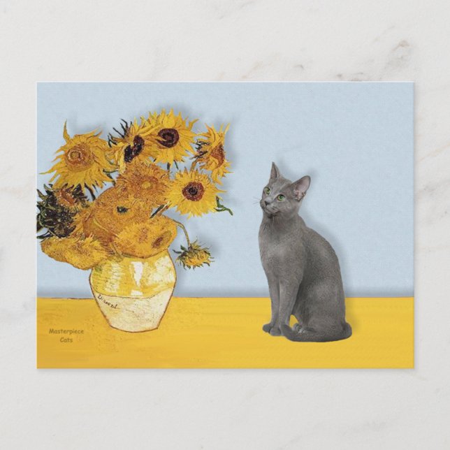 Sonnenblumen - Russische Blaue Katze Postkarte (Vorderseite)