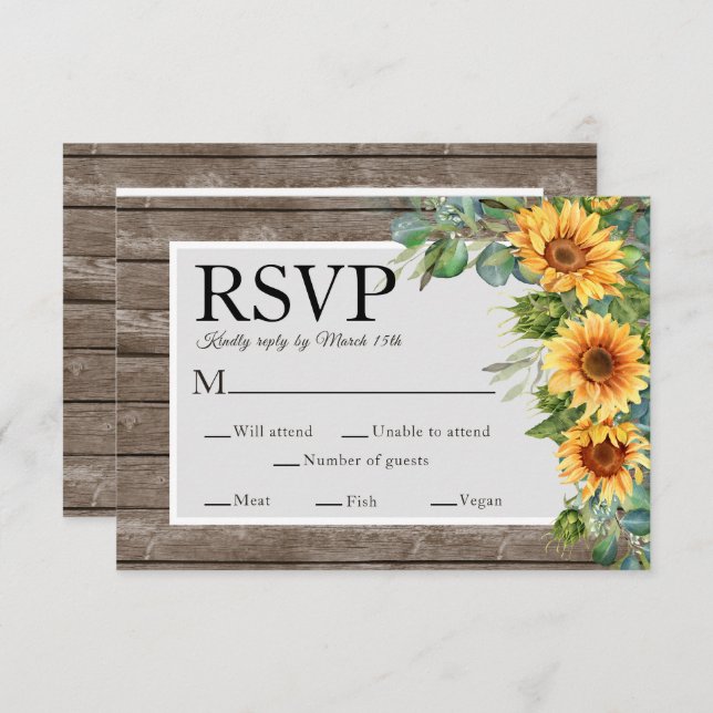 Sonnenblumen Rustic Wood Wedding Website QR Code R RSVP Karte (Vorne/Hinten)