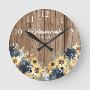 Sonnenblumen Rustikale Holz Familienname Küchenuhr Runde Wanduhr