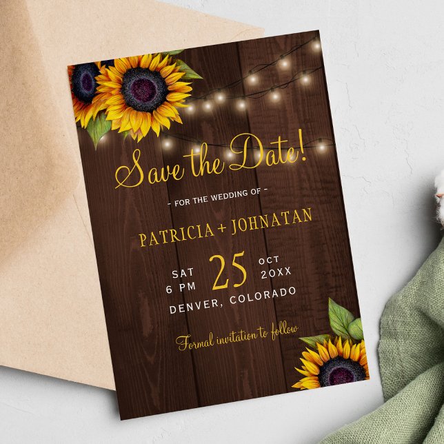 Sonnenblumen rustikale Lichter Stall Holz Hochzeit Save The Date (Von Creator hochgeladen)