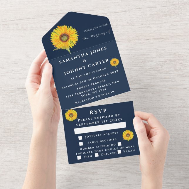 Sonnenblumen Rustikale Navy Fall Floral Wasserfarb All In One Einladung (Abreißen)