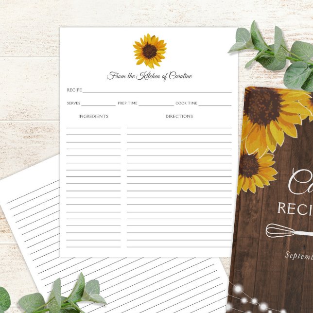 Sonnenblumen Rustikale Recipe Card Binder Beilage (Sunflowers Recipe Sheet for Binder Cookbook)
