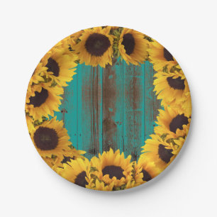 Sonnenblumen Rustikales Aquamarines Barnholz Pappteller