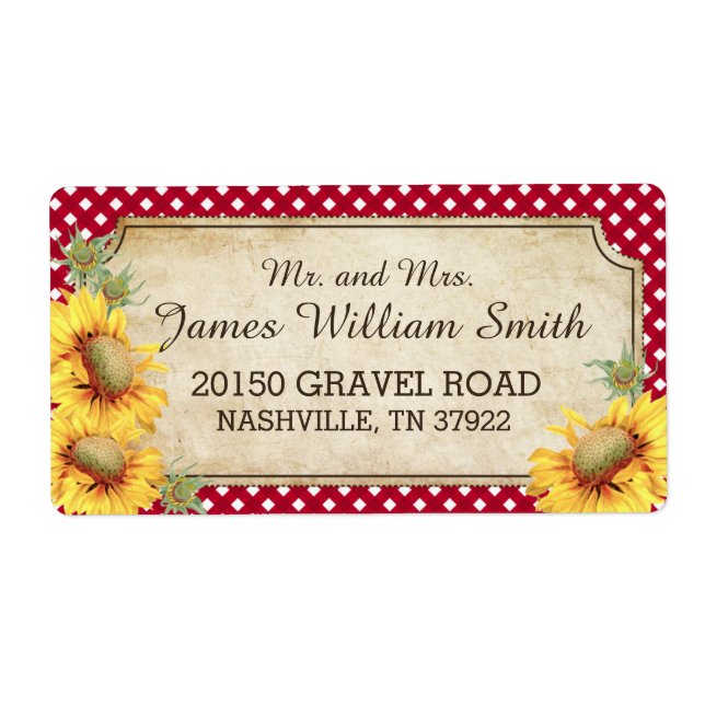 Sonnenblumen Rustikales malerisches Hochzeitslabel (Vorne)