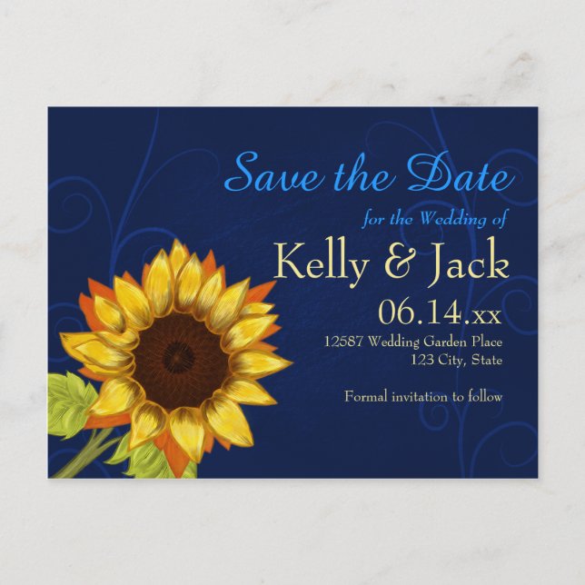 Sonnenblumen/Save the Date Hochzeit Blau Ankündigungspostkarte (Vorderseite)